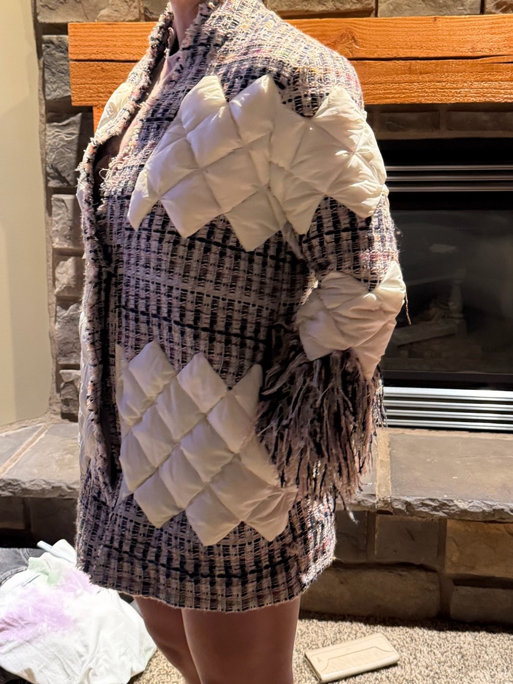 Diamonddazzle Quilted Tweed Fringe Patchwork Coat - Cream & Multicolor